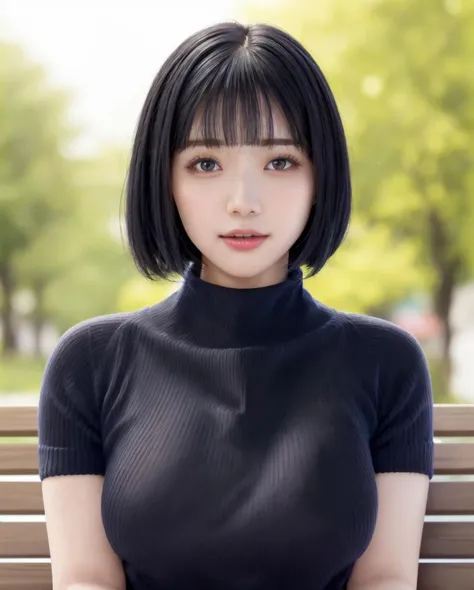 pureerosface_v1:0.3, best quality, photorealistic, 8k, high res, full color, 1girl, woman, 20 years old woman, closed mouth, (skindentation), (portrait:0.6), trees, park bench, daylight, ((park background:1.52)), full color, ((necksweater:1.68)), looking at viewer:1.8, (1girl eyes looking at viewer:1.55), (short-length hair, black bobhair, partedbangs:1.45), (bokeh), <lora:AAG-nozomi2:0.7>