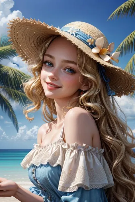 rococo style,(movie poster:1.2), soft lighting, (dramatic angle:1.25),(solo:1.4), (1girl),((blonde hair), long curly hair), blue eyes, (smile),beach straw hat, (off-shoulder shirt), hat flower ,(looking to the side:1.3), fantastic colorful, sea ,coconut tree, blue sky with clouds,(beach:1.3) ,(masterpiece:1.2),ultra-detailed,(best quality), illustration, (Depth of field), <lora:hairdetailer:0.8>, <lora:more_details:0.7>, <lora:add_detail:0.6>,