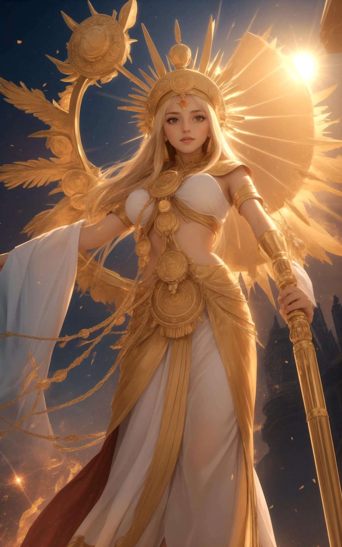 (Sun Priestess:1.4), (Medium Covered Breasts:0.81), Golden sunrise, radiant headdress, sunbeam cloak, divine staff
