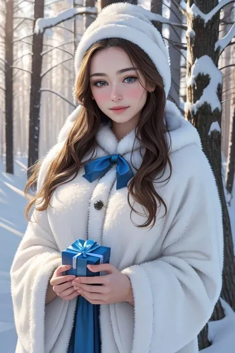 OverallDetail epiCRealism best quality, masterpiece, snow-covered coniferous forest, large blue Christmas tree in a clearing, gifts under the tree, beautiful Snow Maiden with a gift in her hands