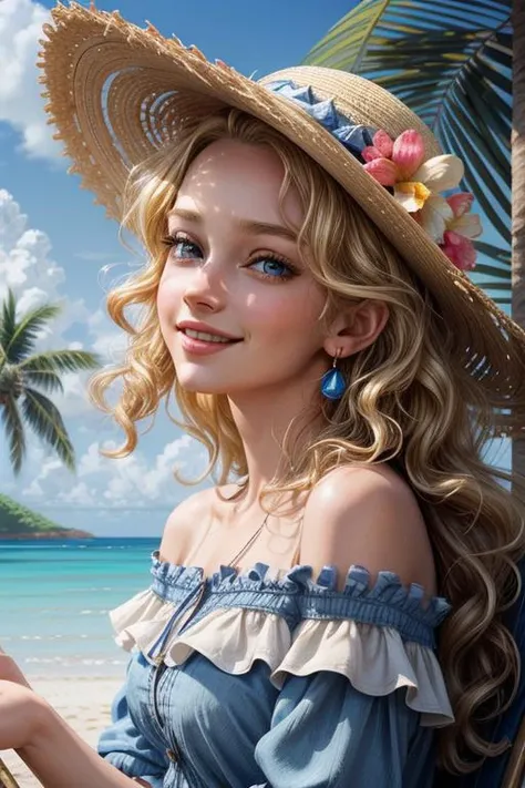 rococo style,(movie poster:1.2), soft lighting, (dramatic angle:1.25),(solo:1.4), (1girl),((blonde hair), long curly hair), blue eyes, (smile),beach straw hat, (off-shoulder shirt), hat flower ,(looking to the side:1.3), fantastic colorful, sea ,coconut tree, blue sky with clouds,(beach:1.3) ,(masterpiece:1.2),ultra-detailed,(best quality), illustration, (Depth of field), <lora:hairdetailer:0.8>, <lora:more_details:0.7>, <lora:add_detail:0.6>,