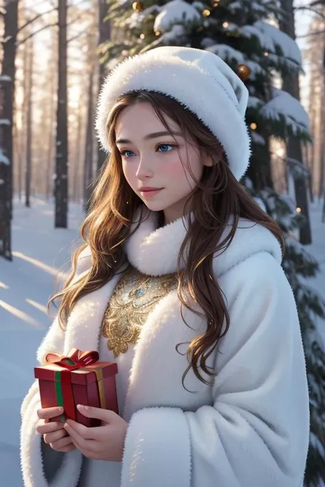 OverallDetail epiCRealism best quality, masterpiece, snow-covered coniferous forest, large blue Christmas tree in a clearing, gifts under the tree, beautiful Snow Maiden with a gift in her hands