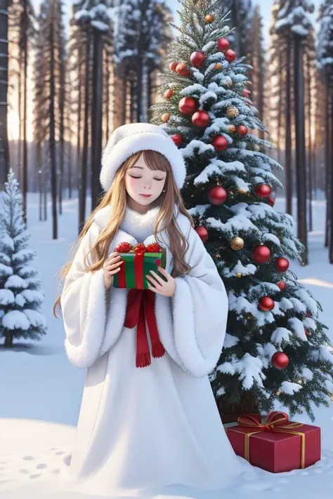 best quality, masterpiece, snow-covered coniferous forest, large blue Christmas tree in a clearing, gifts under the tree, beautiful Snow Maiden with a gift in her hands
