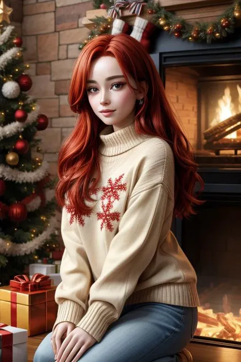 (extremely detailed CG unity 8k wallpaper), masterpiece, best quality, 1girl red hair, wearing christmas sweater, christmas decoration in background, lit fireplace in background <lora:hairdetailer:0.8>, <lora:more_details:0.7>, <lora:add_detail:0.6>,