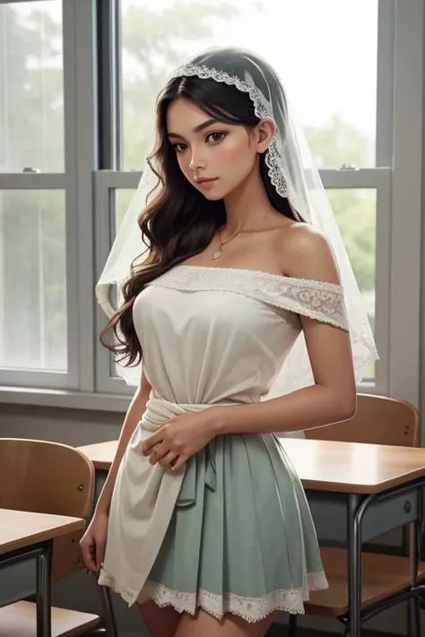 (masterpiece, best quality), female hundred years old, delicate, native american, brown eyes, square jaw, hollow cheeks, unusual face shape, sculpted quadriceps, , mint green tousled waves hair, contempt wearing lace g-string, bardot top, veil,, hand on waist, placing a hand on the waist with a confident look, exuding allure and elegance, rainy window lighting, soft, diffused light through raindrops on a window, creating a cozy and intimate mood, a cheerful school classroom, with students working together and a passionate teacher