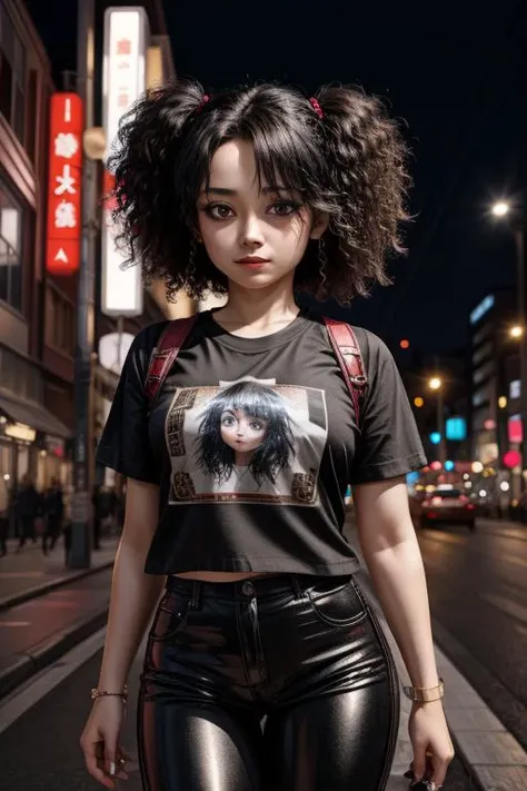 masterpiece, best quality, Moametal wearing a gothic T-shirt, tight pants, pigtails, Tokyo street, best quality, masterpiece, (photorealistic:1.4), (best quality), (detailed), (8k), (HDR), (sharp focus), (intricate), 1girl 30yo, close up, dark skin, slim,25yo, 30yo,woman, broken_clothes , punk, public street, night, cinematic light <lora:hairdetailer:0.8>, <lora:more_details:0.7>, <lora:add_detail:0.6>,