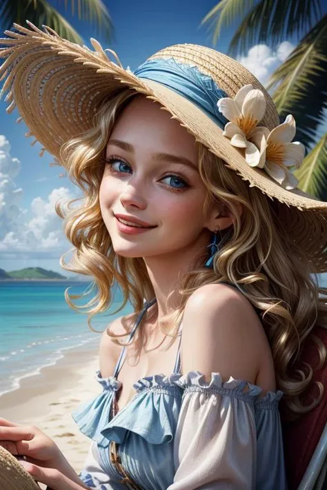 rococo style,(movie poster:1.2), soft lighting, (dramatic angle:1.25),(solo:1.4), (1girl),((blonde hair), long curly hair), blue eyes, (smile),beach straw hat, (off-shoulder shirt), hat flower ,(looking to the side:1.3), fantastic colorful, sea ,coconut tree, blue sky with clouds,(beach:1.3) ,(masterpiece:1.2),ultra-detailed,(best quality), illustration, (Depth of field), <lora:hairdetailer:0.8>, <lora:more_details:0.7>, <lora:add_detail:0.6>,