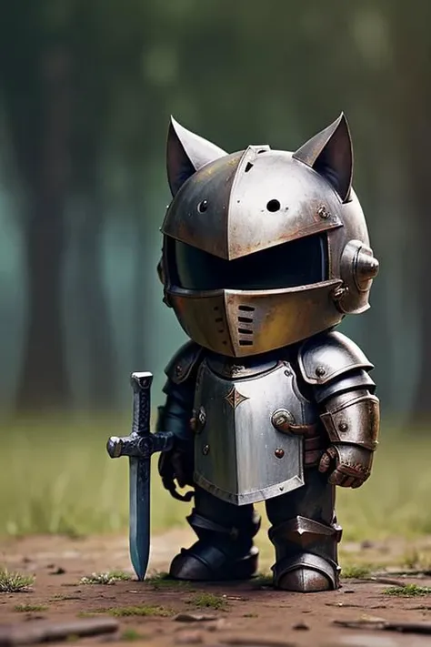 cinematic film still award-winning photo cute cat, rust, epic, knight wearing armor, sword and shield, full body . shallow depth of field, vignette, highly detailed, high budget, bokeh . shallow depth of field, vignette, highly detailed, high budget, bokeh, cinemascope, moody, epic, gorgeous, film grain, grainy