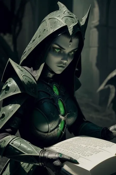 extremely close portrait of girl Necromancer in bone armor casting dark green magic at raving battlefield, (menacing bone armor design:1.5), (dark green magical incantations:1.8), brooding and mystical atmosphere, (dynamic and spellbinding pose:1.5), (eerie and haunting visual style:1.5), (necromancer's commanding presence:1.4), (masterful use of shadows and highlights:1.5), sinister, mystical, dynamic, art by Todd McFarlane, trending on ArtStation and CGSociety, Intricate, High Detail, Sharp focus, captivating, (comics-book-style:1.5), professional, 8k, UHD, HDR <lora:add_detail:1>