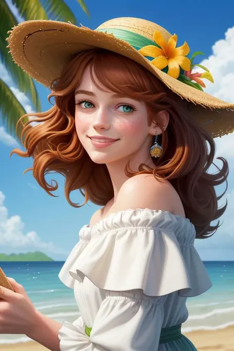 rococo style,(movie poster:1.2), soft lighting, (dramatic angle:1.25),(solo:1.4), (1girl),((auburn hair), long curly hair), green eyes, (smile),beach straw hat, (off-shoulder shirt), hat flower ,(looking to the side:1.3), fantastic colorful, sea ,coconut tree, blue sky with clouds,(beach:1.3) ,(masterpiece:1.2),ultra-detailed,(best quality), illustration, (Depth of field), <lora:hairdetailer:0.8>, <lora:more_details:0.7>, <lora:add_detail:0.6>,