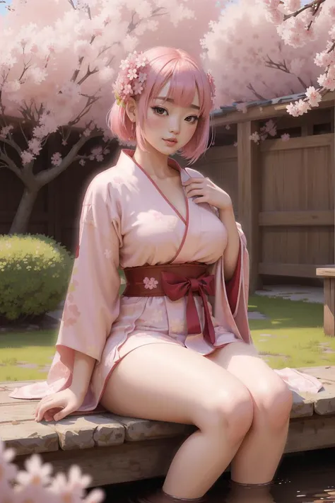 (masterpiece:1.2),ultra-detailed,(best quality), illustration, (Depth of field), Japanese young girl, pink hair, dressed in a traditional robe, posing erotically in the garden with sakura, depraved pose, temptation