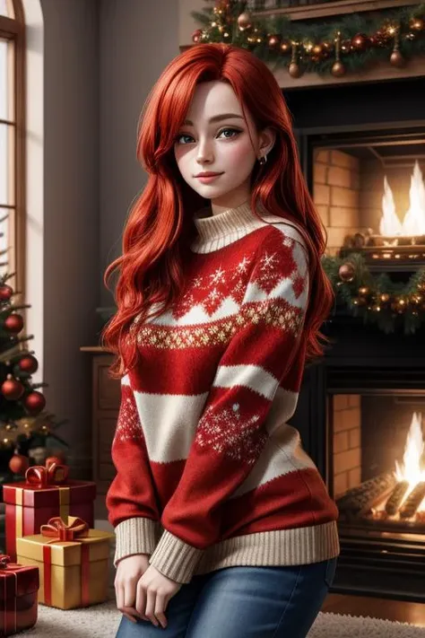 (extremely detailed CG unity 8k wallpaper), masterpiece, best quality, 1girl red hair, wearing christmas sweater, christmas decoration in background, lit fireplace in background <lora:hairdetailer:0.8>, <lora:more_details:0.7>, <lora:add_detail:0.6>,