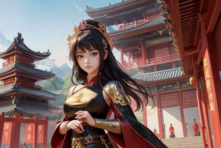 (masterpiece:1.4),ultra-detailed,(best quality), illustration, (Depth of field) beautiful girl killer, medieval fantasy Chinese city, temple in the background,