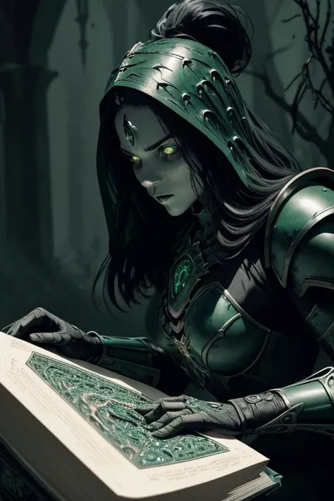 extremely close portrait of girl Necromancer in bone armor casting dark green magic at raving battlefield, (menacing bone armor design:1.5), (dark green magical incantations:1.8), brooding and mystical atmosphere, (dynamic and spellbinding pose:1.5), (eerie and haunting visual style:1.5), (necromancer's commanding presence:1.4), (masterful use of shadows and highlights:1.5), sinister, mystical, dynamic, art by Todd McFarlane, trending on ArtStation and CGSociety, Intricate, High Detail, Sharp focus, captivating, (comics-book-style:1.5), professional, 8k, UHD, HDR <lora:add_detail:1>