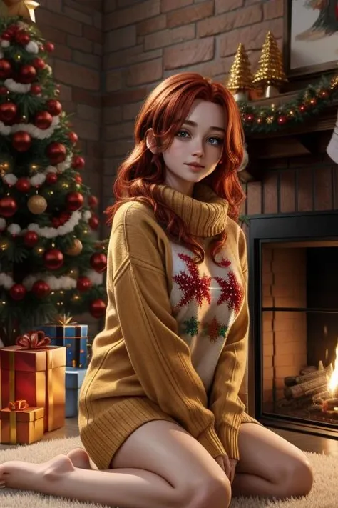 (extremely detailed CG unity 8k wallpaper), masterpiece, best quality, 1girl red hair, wearing christmas sweater, christmas decoration in background, lit fireplace in background <lora:hairdetailer:0.8>, <lora:more_details:0.7>, <lora:add_detail:0.6>,