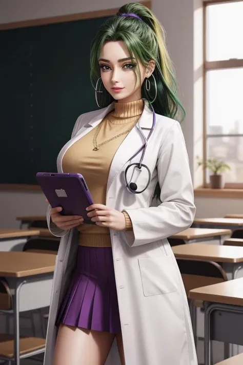 modelshoot style, (extremely detailed CG unity 8k wallpaper), masterpiece, best quality, green eyes, multicolored hair, earrings, labcoat, stethoscope, sweater, purple skirt, huge breasts, contrapposto, school, classroom <lora:hairdetailer:0.8>, <lora:more_details:0.4>, <lora:add_detail:0.3>,