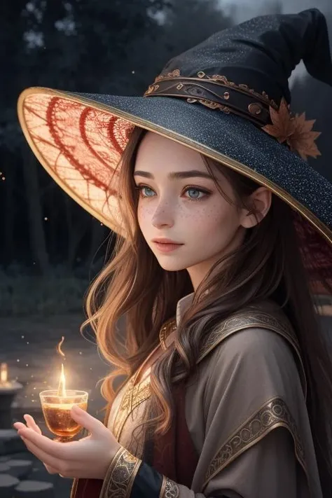 intricate details, hdr, intricate details, hyperdetailed, natural skin texture, hyperrealism, sharp, 1 girl, adult (elven:0.7) woman, freckles, grey eyes, chestnut layered hair, portrait, looking down, solo, half shot, detailed background, witch hat, witch, magical atmosphere, hair flowing in the wind, red trimmed light colored clothes, whirlwind of swirling magic spell in the air, dark magic, (style-swirlmagic:0.8), floating particles,