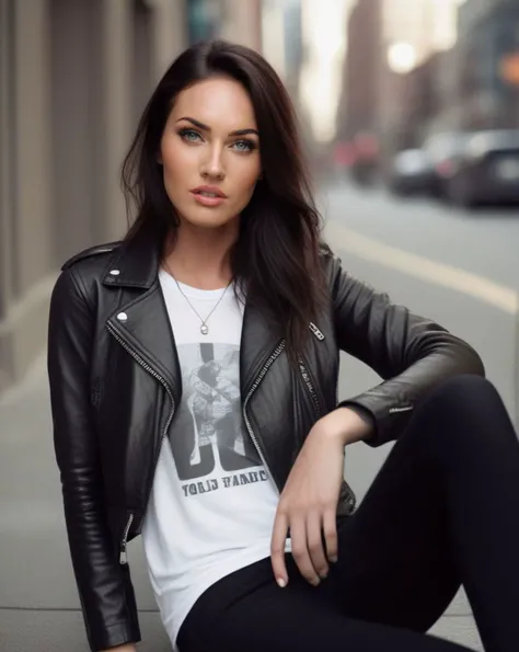 Prism Photography, (ohwx woman:1.0),A cropped leather jacket with a zip front, paired with black skinny jeans, black combat boots, and a white graphic t-shirt.,  <lora:megan_lora_sdxl_v1:1>