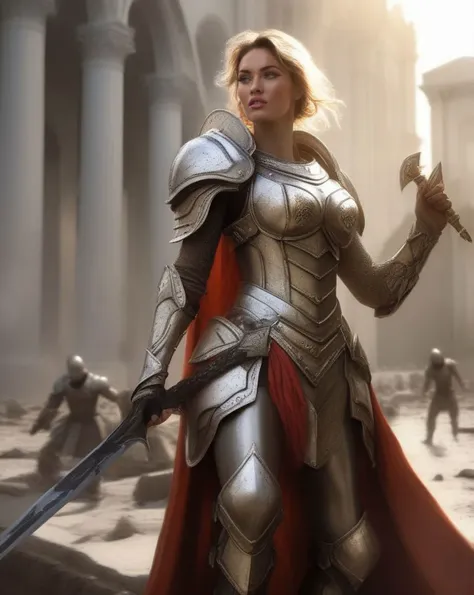 Still Frame Photography, (ohwx woman:1.0,)In the heat of a holy crusade, a female human Paladin (photorealistic:1.35) is the beacon of righteousness. Her face, adorned with (noble, inspiring makeup:1.2), radiates divine strength. She holds aloft a gleaming sword wreathed in radiant light, her armor reflecting the purity of her cause. The chaotic battlefield, the rallying soldiers, and the Paladin's steadfast resolve capture the valor of her class, <lora:megan_lora_sdxl_v1:1>