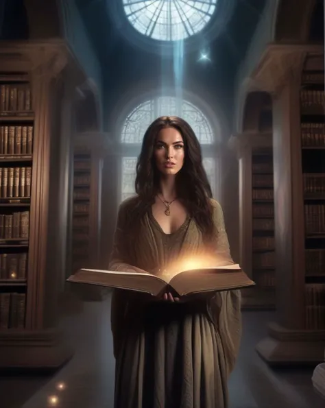 Grainy Film Style, (ohwx woman:1.0,)In a grand library filled with ancient tomes, a female human Arcanist is seen (photorealistically:1.35). The complex arcane makeup on her face mirrors the magic symbols she's studying in the ancient grimoire in front of her. Her hand is raised, casting a spell that brings an image of a celestial body from the book to life. The ancient library, the celestial hologram, and the Arcanist's focused study encapsulate the thirst for knowledge, <lora:megan_lora_sdxl_v1:1>