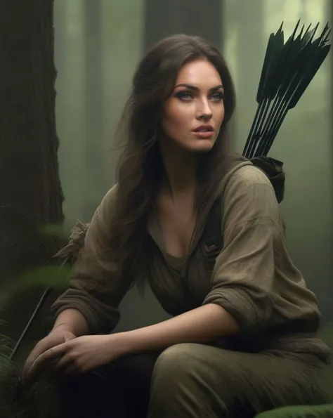 Hazy and Dreamy Photography, (ohwx woman:1.0,)At the edge of a dense forest, a female human Hunter (photorealistic:1.35) silently observes her prey. Her face, enhanced with (camouflage, natural makeup:1.2), merges seamlessly with the wild environment. Accompanied by her faithful animal companion, she readies an enchanted arrow. The forest's depth, the cautious wildlife, and the Hunter's silent patience capture the primal connection between her and nature,  <lora:megan_lora_sdxl_v1:1>