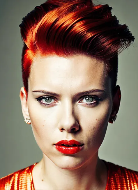 analog style, modelshoot style, portrait of sks woman by Flora Borsi, style by Flora Borsi, bold, bright colours, orange Mohawk haircut, ((Flora Borsi)), <lora:locon_scarlett_v1_from_v2_64_32:1.3>