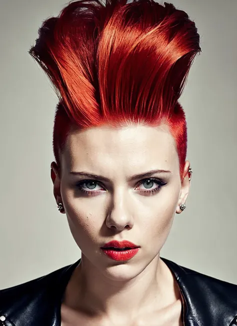 portrait of sks woman by Flora Borsi, style by Flora Borsi, bold, bright colours, orange Mohawk haircut, ((Flora Borsi)), <lora:locon_scarlett_v1_from_v2_64_32:1.3>