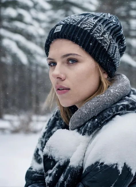 RAW photo of a sks woman, sitting in outdoor car ,winter ,snowy , ((wearing cap)), (detailed face), grunge, ((visual kai)),  ((full body)), (high detailed skin:1.2), 8k uhd, dslr, soft lighting, high quality, film grain, Fujifilm XT3, <lora:locon_scarlett_v1_from_v2_64_32:1.3>