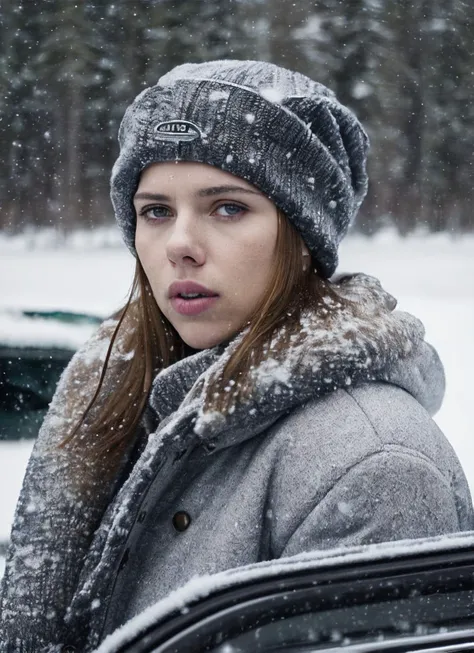 RAW photo of a sks woman, sitting in outdoor car ,winter ,snowy , ((wearing cap)), (detailed face), grunge, ((visual kai)),  ((full body)), (high detailed skin:1.2), 8k uhd, dslr, soft lighting, high quality, film grain, Fujifilm XT3, <lora:locon_scarlett_v1_from_v2_64_32:1.3>