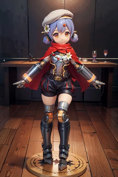 hanajscloth,1girl,robot,robot joints,robot spikes ears,bandaid on nose,short low twintails,blue hair,purple hair,orange eyes,
white beret,hair red bow,red torn cape,white chest lily (flower),armor with orange trim,golden brown belt,black puffy shorts,<lora:hanajsV1-000008:0.8>,game3d style,smile,laboratory,indoors,, masterpiece,best quality,ultra detailed,high quality,illustration,indoors,room,perfect anatomy,<lora:æåPVC-L:0.5>,
(full body:1.5),(standing:1.2),looking at viewer,