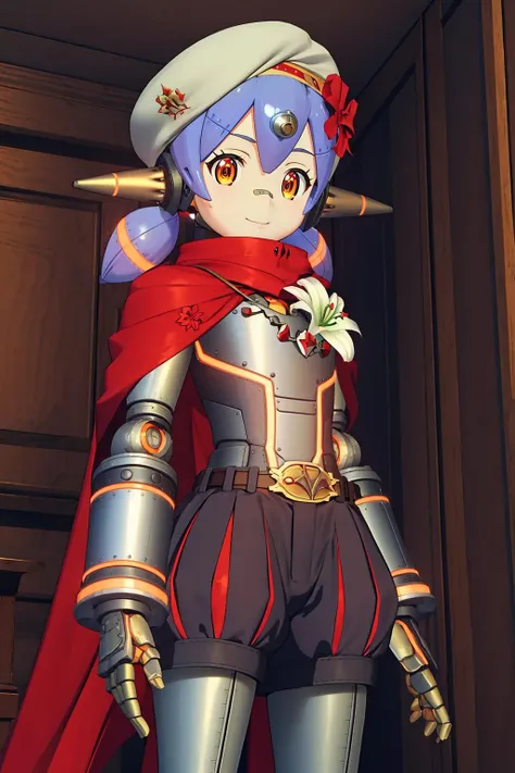 hanajscloth,1girl,robot,robot joints,robot spikes ears,bandaid on nose,short low twintails,blue hair,purple hair,orange eyes,
white beret,hair red bow,red torn cape,white chest lily (flower),armor with orange trim,golden brown belt,black puffy shorts,<lora:hanajsV1-000008:0.8>,game3d style,smile,laboratory,indoors,, Exquisite visuals, high-definition,masterpiece,best quality,Exquisite visuals,high-definition,masterpiece,best quality,18yo,Young female,Beautiful Fingers,Beautiful long legs,Beautiful body,Beautiful character design,