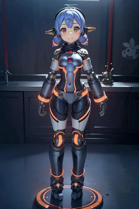 hanajsnak,1girl,robot,robot joints,robot spikes ears,bandaid on nose,short low twintails,blue hair,purple hair,orange eyes,game3d style,||robot body with orange trim,<lora:hanajsV1-000008:0.8>,game3d style,smile,laboratory,indoors,, masterpiece,best quality,ultra detailed,high quality,illustration,perfect anatomy,bedroom,
(full body:1.5),(standing:1.2),looking at viewer,<lora:æåPVCmerdV1:1>,
