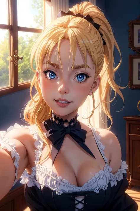 masterpiece, best quality, anime style, close up, 8k, selfie, of beautiful_woman, big_beautiful_blue_eyes, blonde_ponytail, smilie, gothic_dress, ribbon in hair, cleavage, small_breast, bedroom in background, natural lighting, soft lighting, sunlight