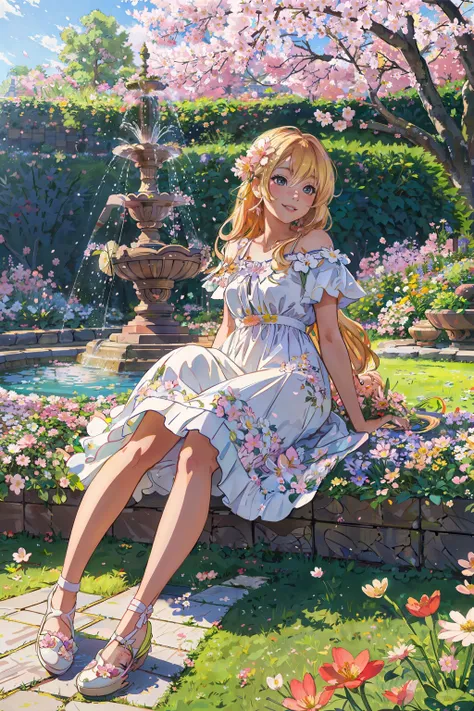 masterpiece, best quality, anime style, wide-angle, full body shot, cute_girl, blonde_hair, wearing a beautiful_sun_dress with flowers, beautiful_big_eyes, smiling, laying down, beautiful garden with flowers in background, 1 fountain in background, sakura tree, natural lighting, soft lighting, (featured on pixiv:1.25),  trending on artstation, precise line-art,