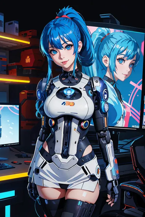masterpiece, best quality, anime style, close up, 8k, beautiful_woman, big_beautiful_eyes, blue_hair_ponytail, smile, robot_girl, cyberpunk_outfit, cyperbunk_girl, hightech background, monitors, lights, natural lighting, soft lighting, sunlight