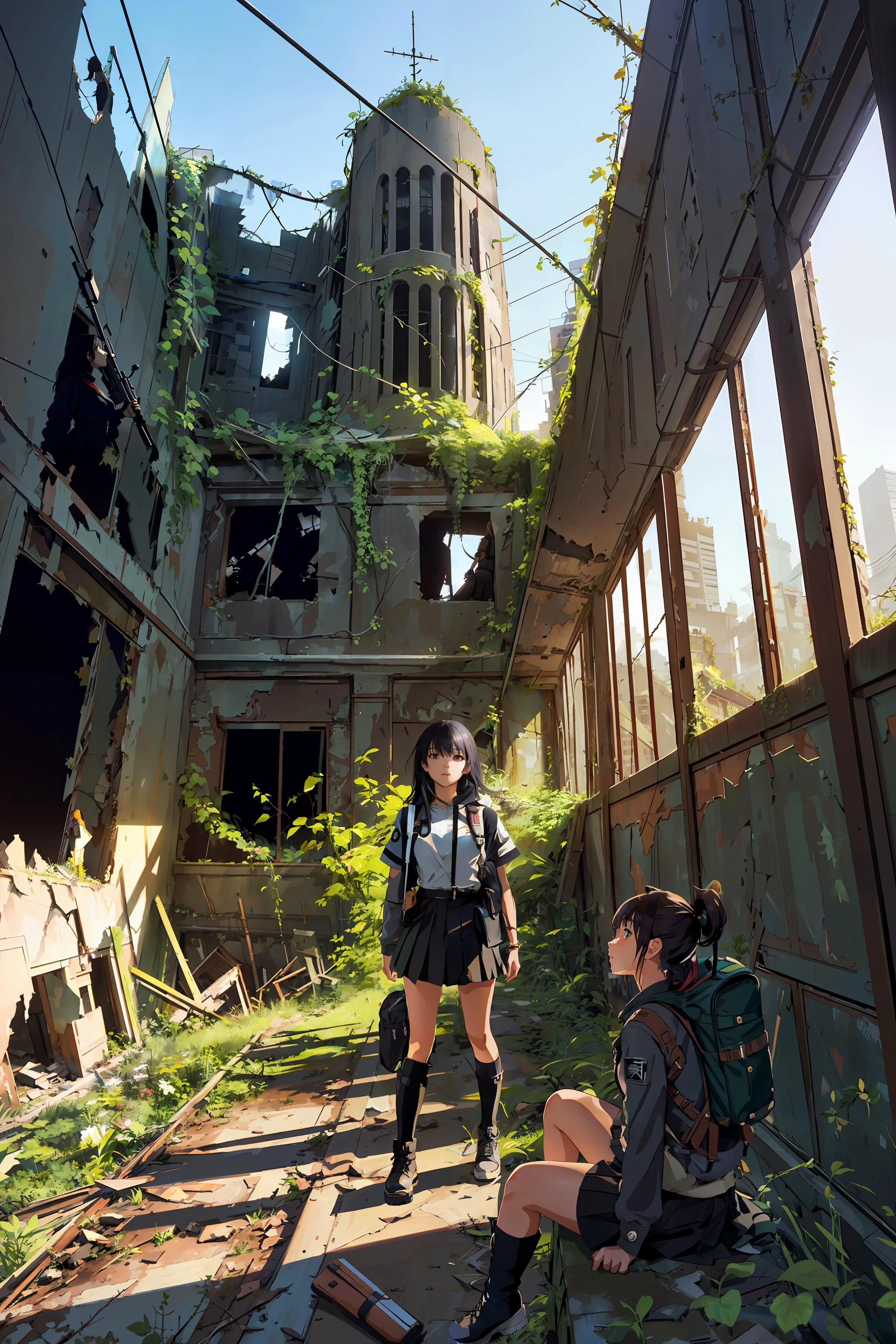 masterpiece, best quality, anime style, wide-angle, full body shot, beautiful_girl in explorer_outfit, black_skirt, long_black_boots, backpack, exploring abandoned building, city ruins, apocalypse, overgrowth vines, nature, wildlife in apocalypse city, natural lighting, soft lighting, (featured on pixiv:1.25), trending on artstation, precise line-art,