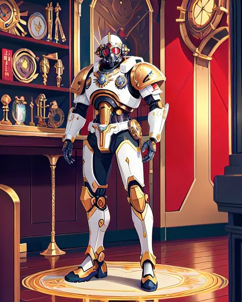 masterpiece, best quality, high quality, 90s anime style, intricately detailed, thick outlines, science fiction, 1boy, cyborg, warhammer 40k, gold trim, gothic architecture, starship interior, standing, mechanical arms, mechanical legs, gas mask, glowing eyes, sallet helmet, adeptus mechanicus, skitarii, white armor