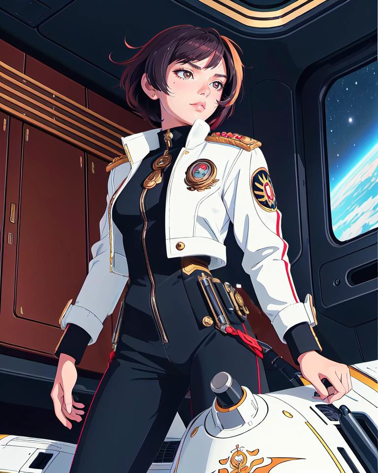 masterpiece, best quality, high quality, 90s anime style, intricately detailed, thick outlines, detailed face, detailed eyes, science fiction, 1girl, noble, warhammer 40k, short hair, jacket, epaulettes, gold trim, military uniform, gothic architecture, (in the style of Hajime Yatate), white cropped jacket, starship interior, space battleship yamato, black hair, standing, (from below:1.3), (messy hair:1.3), starship bridge, medium hair, bodysuit, open jacket