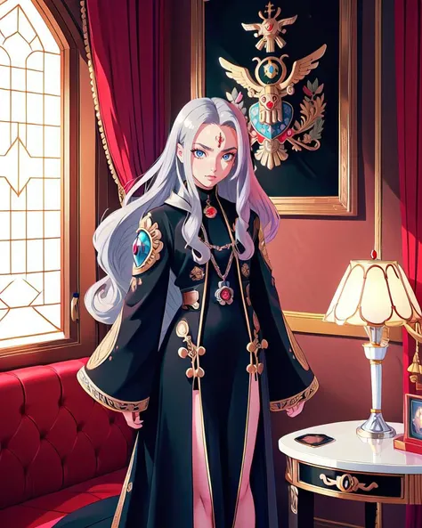 masterpiece, best quality, high quality, 90s anime style, intricately detailed, thick outlines, science fiction, warhammer 40k, coat of arms, gilded