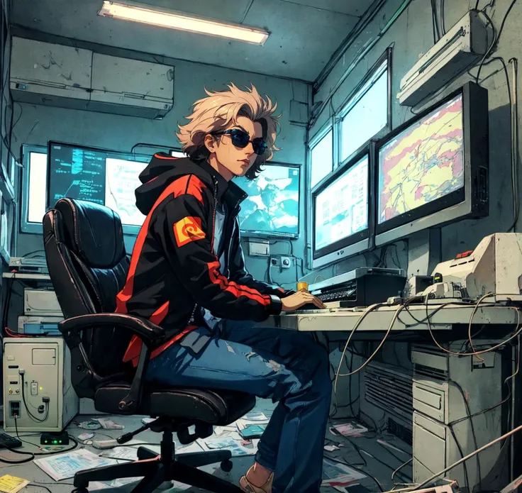masterpiece, best quality, high quality, (1boy:1.1), 90s anime, colored lineart, lineart, intricately detailed, detailed face and eyes,(CRT monitor:1.3), office chair, desk, PC tower, retro, ashtray, sunglasses, messy room, nerd, skinny, messy hair, jacket, hacking, text on screen, feet up, (cowboy bebop:0.4), thick outlines, sitting at computer, wires, cyberpunk, dark, glowing screen, keyboard, computer mouse, object source lighting, night, cathode ray tube monitor, frosted tips