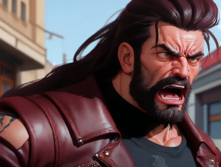 masterpiece close-up portrait of a muscular man with a black beard and a mullet screaming in anger in Istanbul streets, burgundy leather jacket, solo focus, man focus, Istanbul background during daytime