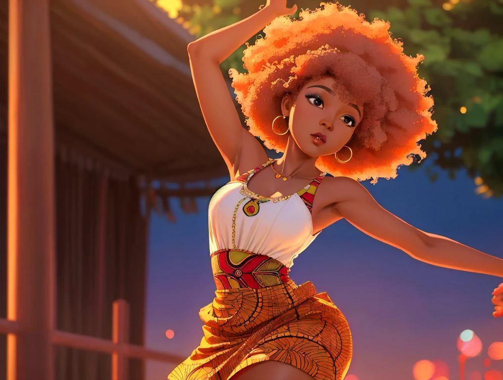 masterpiece upprt-body shot of an african woman in her thirties wearing summer clothes, elegant afro, dancing in Nairobi at dawn, solo, solo female focus