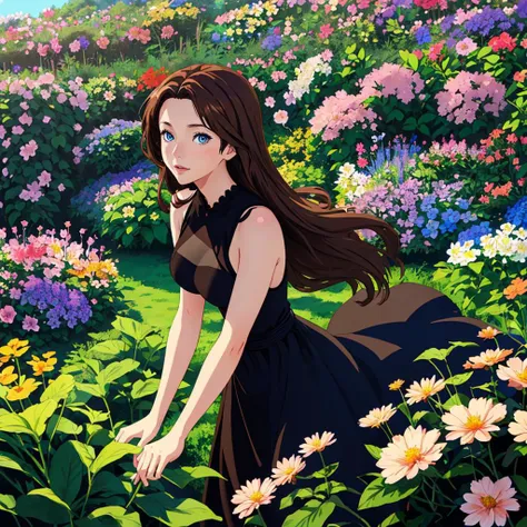 half body shot of anime woman, brown hair, blue eyes, wearing black sundress, in a flower garden, high resolution, cinematic, 4k, illustration