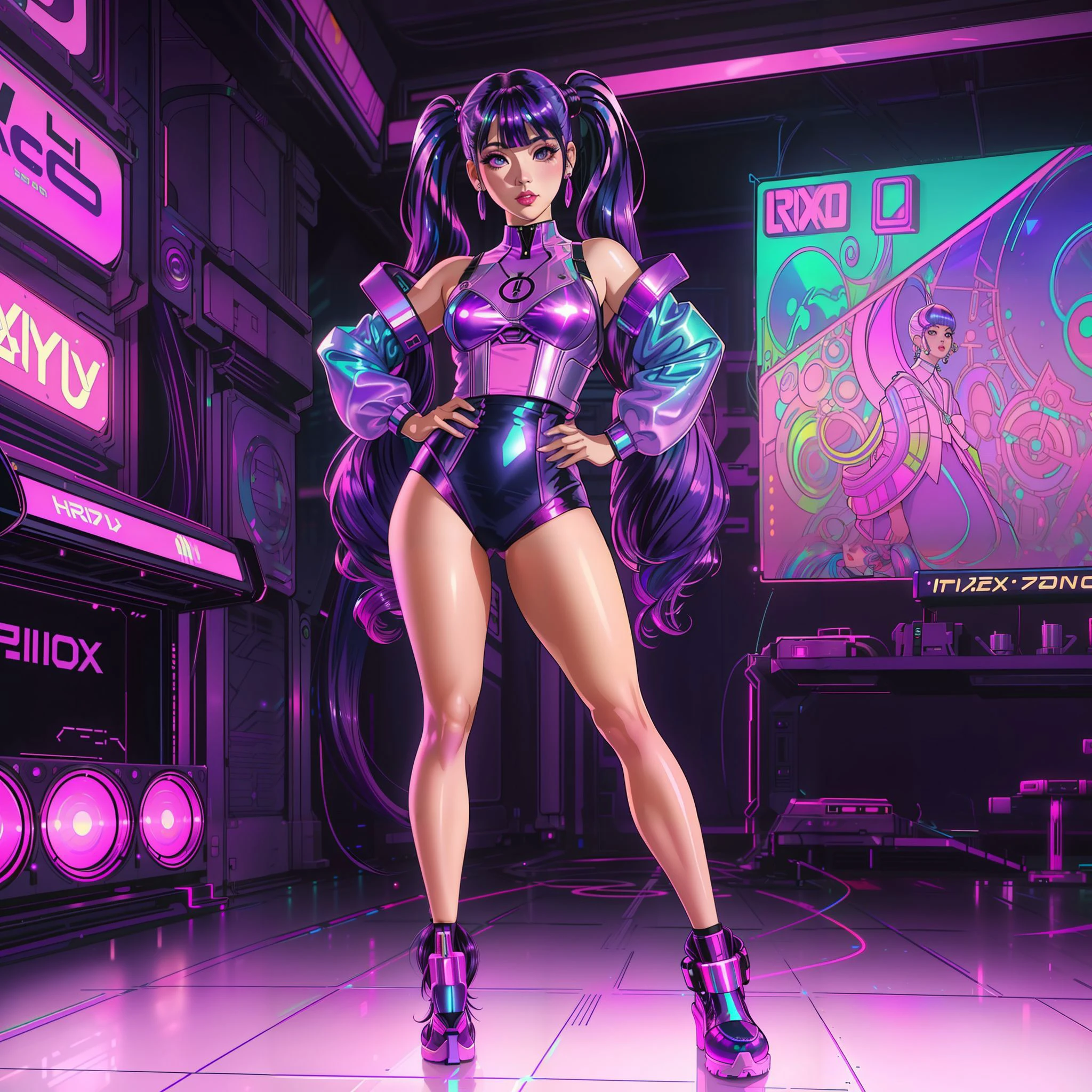 masterpiece, fantasy, best quality, anime style, wide-angle, full body shot, front view, closeup photo of ((solo)), (a beautiful_woman, purple_twintail_hair, wearing iridescent clothing:1.35), (Retro style cyberpunk disco club in background:1.2), 1990s(style), retro, retro style, vaporwave, colorful, vivid, iridescent, iridescent clothing, iridescent hair, purple theme, neon palette, neon lightsnatural lighting, soft lighting, (featured on pixiv:1.25), trending on artstation, precise line-art, (style of Frank Cho:1.3), <lora:add_detail:0.4>,