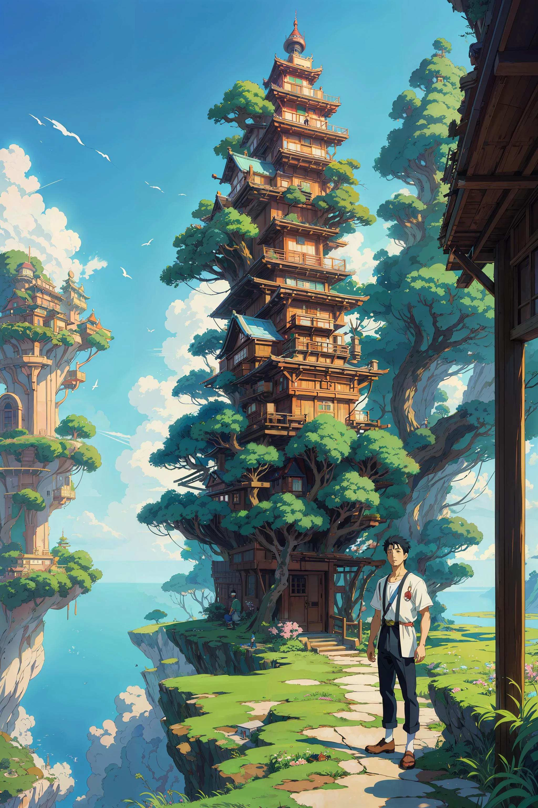 masterpiece, fantasy, best quality, anime style, wide-angle, full body shot, front view, beautiful_male (man, boy:1.35), in explorer_outfit, exploring abandoned ruins on floating island in the sky, floating island in the sky in the background, beautiful nature, natural lighting, soft lighting,
(featured on pixiv:1.25), trending on artstation, precise line-art,
(Studio ghibli style, Art by Hayao Miyazaki:1.2), Anime Style, Manga Style, Hand drawn, cinematic sensual,
Sharp focus, humorous illustration, big depth of field, Masterpiece, concept art, trending on artstation, Vivid colors,
Simplified style, trending on ArtStation, trending on CGSociety, Intricate, Vibrant colors, Soft Shading,
Simplistic Features, Sharp Angles, Playful <lora:add_detail:0.3>