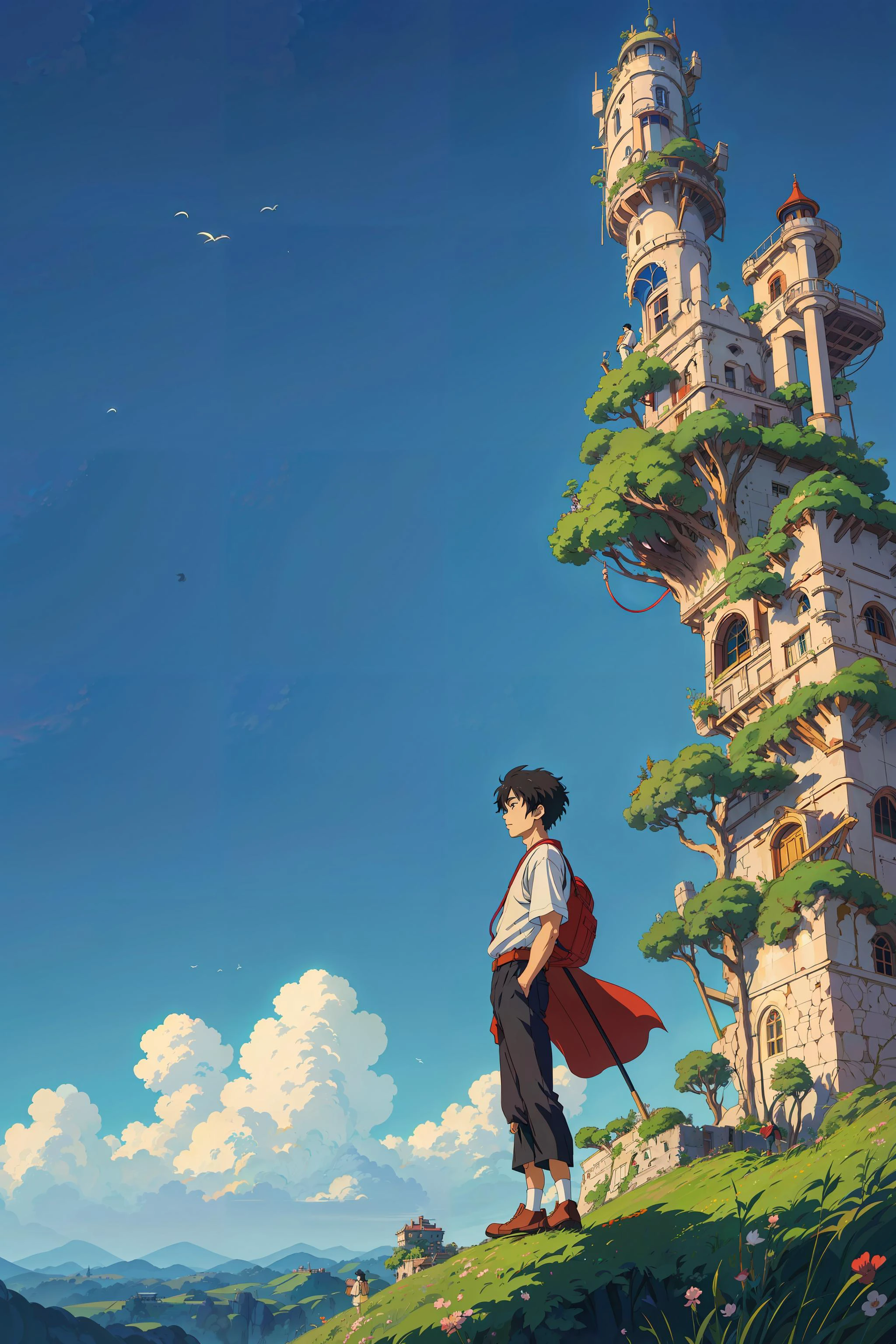 masterpiece, fantasy, best quality, anime style, wide-angle, full body shot, front view, beautiful_male (man, boy:1.35), in explorer_outfit, exploring abandoned ruins on floating island in the sky, floating island in the sky in the background, beautiful nature, natural lighting, soft lighting,
(featured on pixiv:1.25), trending on artstation, precise line-art,
(Studio ghibli style, Art by Hayao Miyazaki:1.2), Anime Style, Manga Style, Hand drawn, cinematic sensual,
Sharp focus, humorous illustration, big depth of field, Masterpiece, concept art, trending on artstation, Vivid colors,
Simplified style, trending on ArtStation, trending on CGSociety, Intricate, Vibrant colors, Soft Shading,
Simplistic Features, Sharp Angles, Playful <lora:add_detail:0.3>