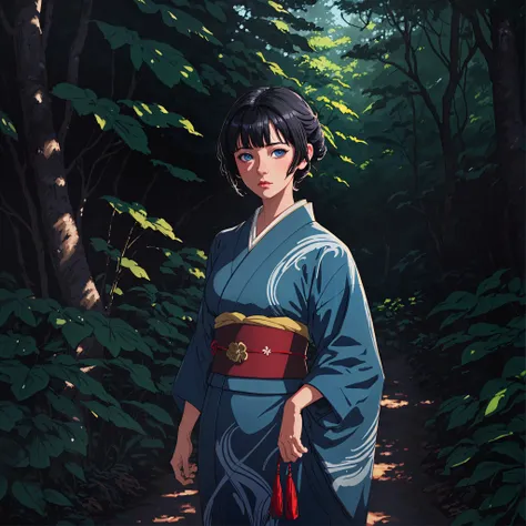 ((smooth shaded)), painterly texture, portrait, 1girl, short black hair, blue eyes, wearing traditional kimono, standing in mystical forest, high resolution, cinematic, 4k, anime illustration