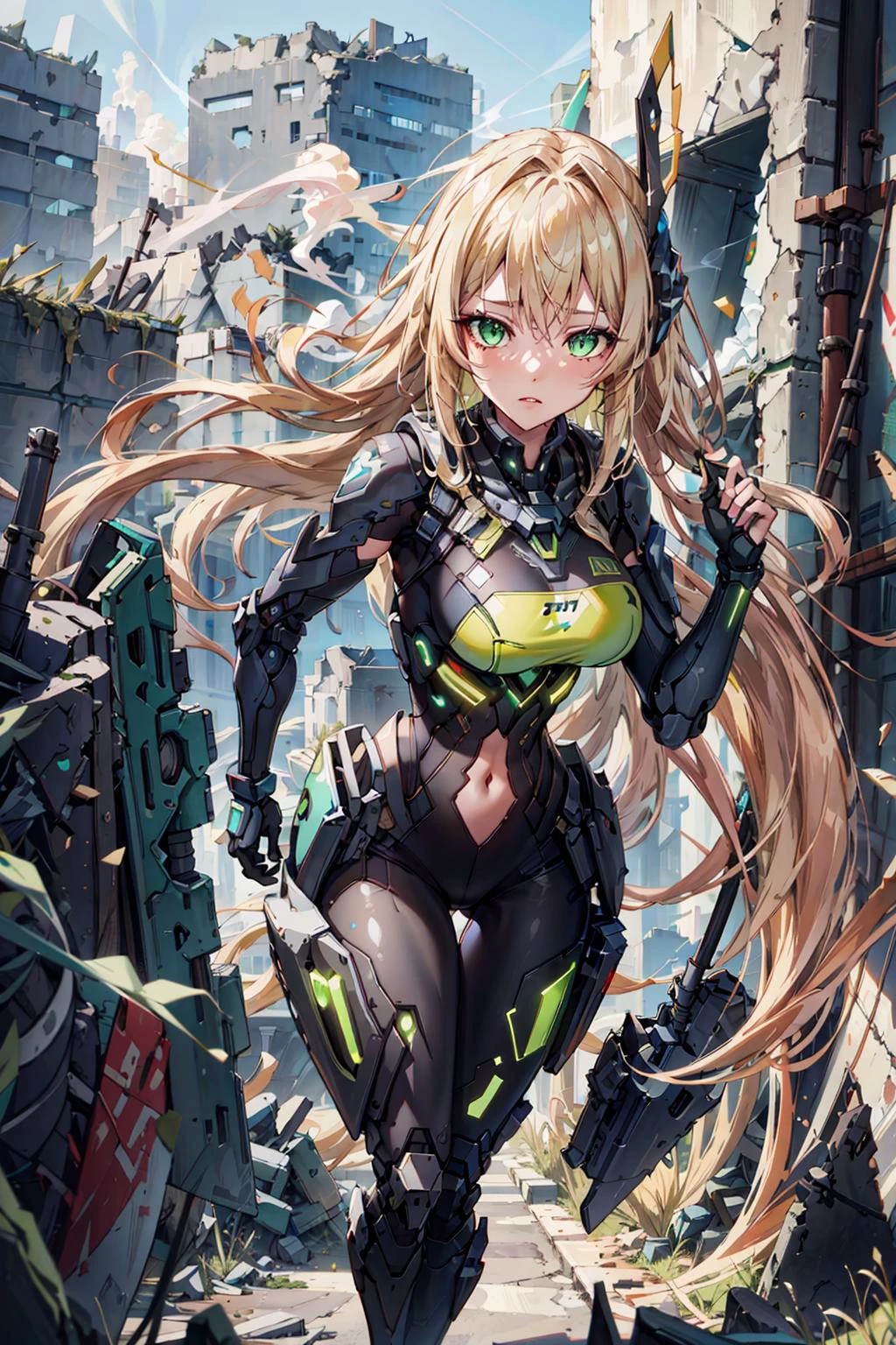 masterpiece, best quality, anime style, 8k, natural lighting, soft lighting, sunlight, (1 woman running, Long Blond Hair, smoke, :1.4), green_eyes, battlefield_city in background, city_ruins in background, HDR (High Dynamic Range), Ray Tracing, NVIDIA RTX, Super-Resolution, Unreal 5, Maximum Clarity And Sharpness, Multi-Layered Textures <lora:mecha_V2:0.7>, <lora:add_detail:0.3>