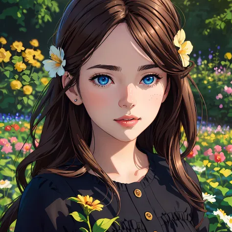 close up realistic portrait of anime woman, brown hair, blue eyes, wearing black sundress, in a flower garden, high resolution, cinematic, 4k, illustration