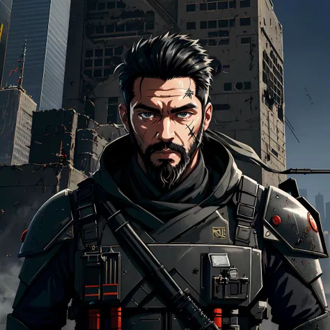 realistic portrait of anime man, black hair and beard, wearing futuristic combat gear, standing in a watch tower in post-apocalyptic New York City, high resolution, cinematic, 4k, illustration